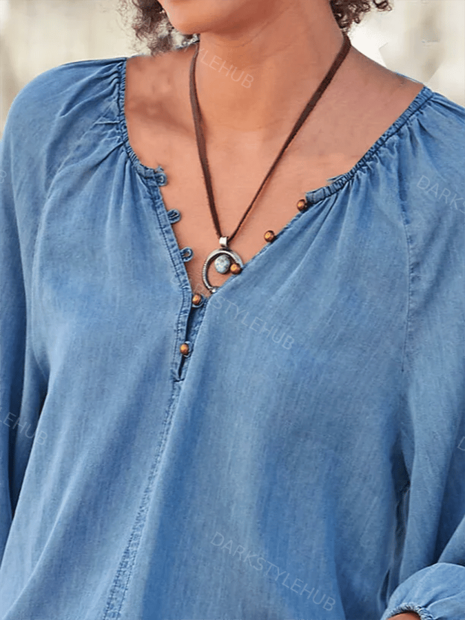 Women's Vintage Button Design Casual Denim Shirt