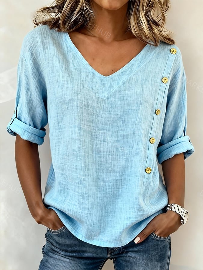 Women'S Casual Solid Color Cotton And Linen Button-Up Top