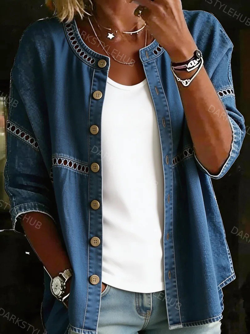 Women's Solid Color Casual Loose Buttons Up Denim Blouse Shirt