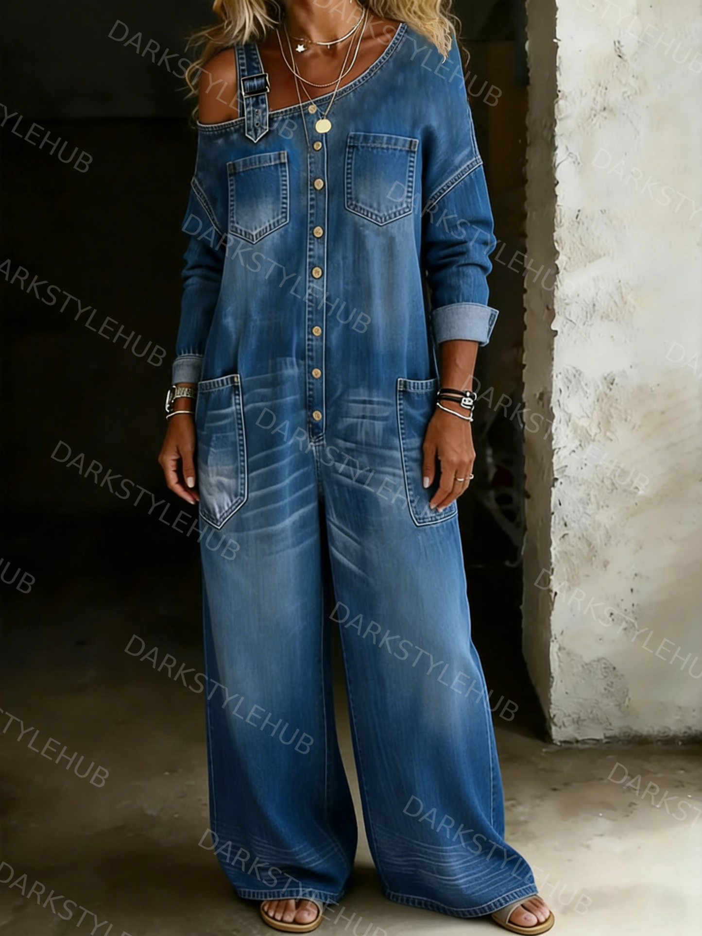 Women's Solid Color Off-shoulder Cozy Casual Cotton Denim Shirt Jumpsuit