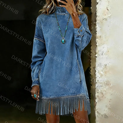 Women's Casual Long-Sleeved High-Neck H-Line Denim Dress