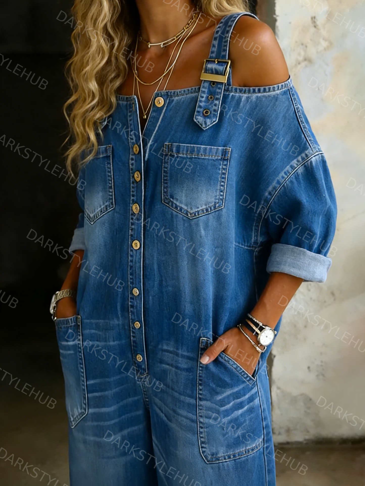 Women's Solid Color Off-shoulder Cozy Casual Cotton Denim Jumpsuit