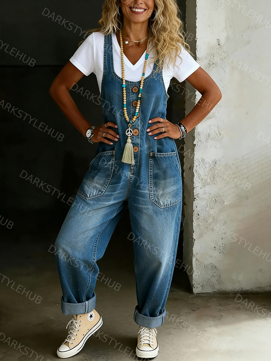 Women's Solid Color Casual Cotton Vest And Denim Jumpsuit