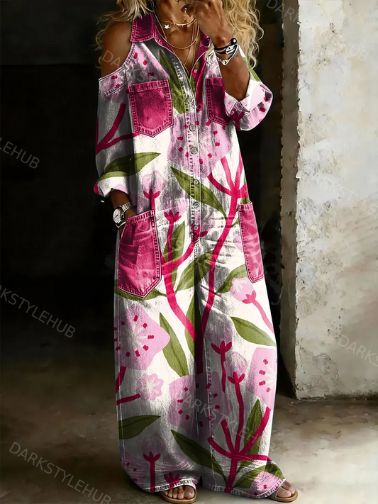 Women's Casual Multicolor Floral Art Prints Off-shoulder Denim Jumpsuit