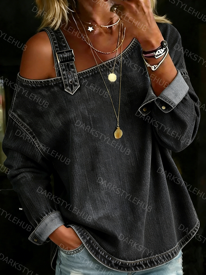 Women's Casual Solid Color Off-Shoulder Denim Cotton Top