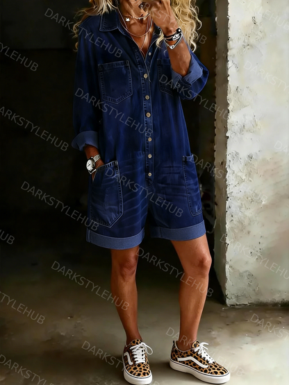 Women's Solid Color Casual Cotton Denim Jumpsuit Shorts