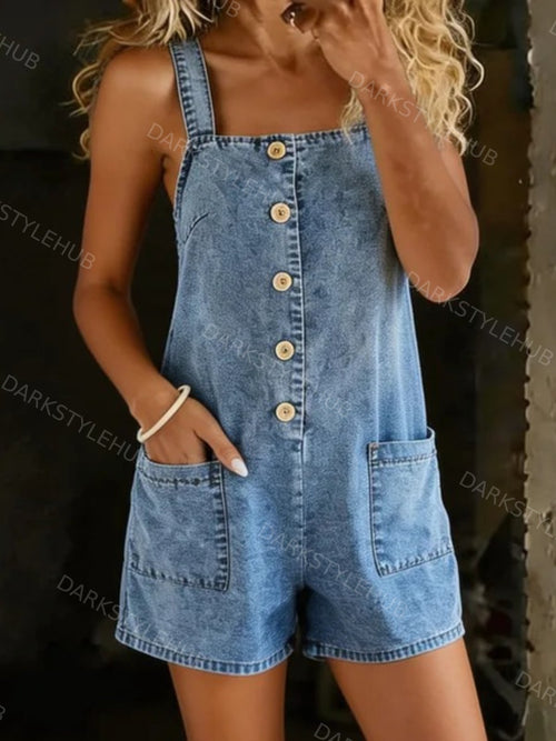 Women's Summer Casual Denim Jumpsuit Shorts With Pockets