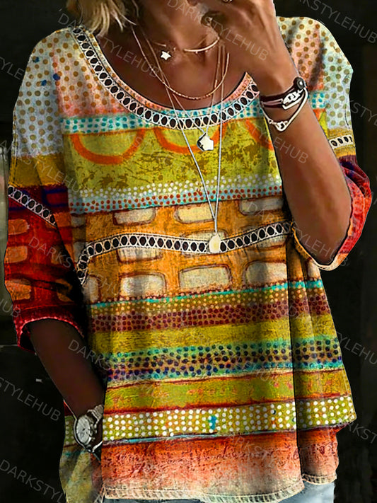 Women's Vintage Abstrct Casual Loose Denim Blouse Shirt