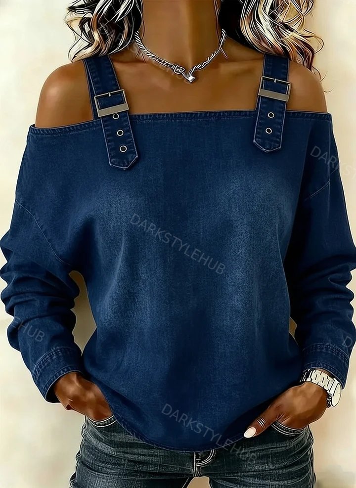 Women‘s Retro Off-the-shoulder Button-down Denim Long-sleeved Top