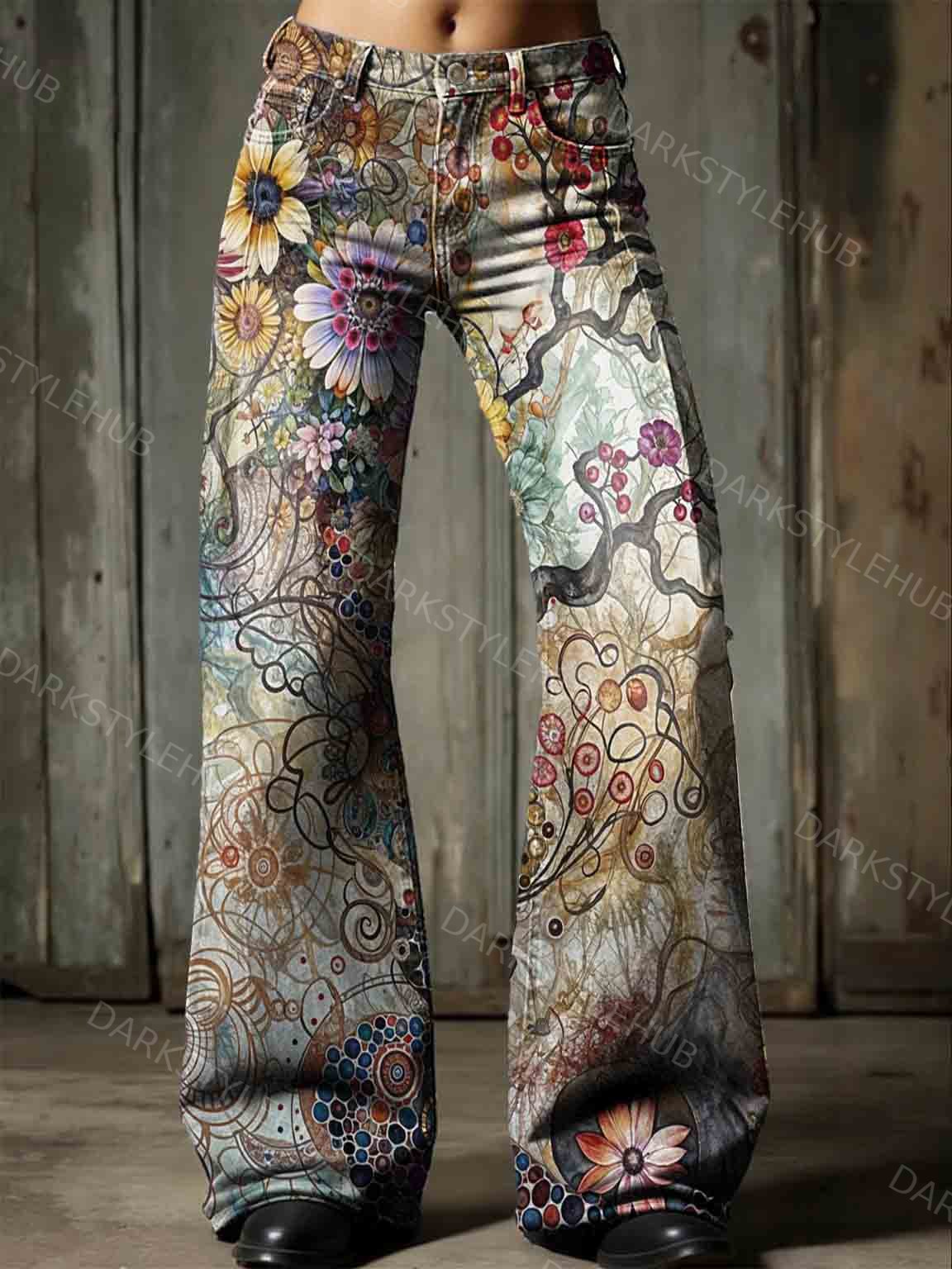 Women's Vintage Ethnic Art Floral Print Casual Wide Leg Pants