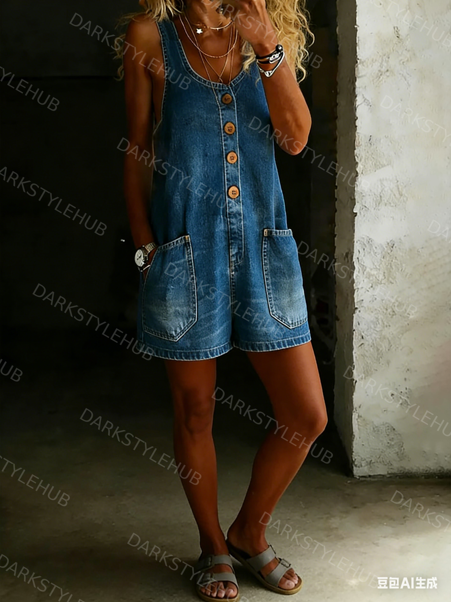 Women's Solid Color Casual Cotton Vest And Denim Jumpsuit