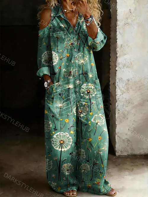 Women's Casual Multicolor Floral Art Prints Off-shoulder Denim Jumpsuit