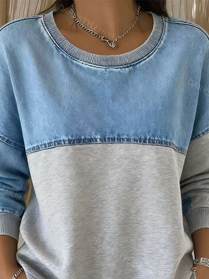 Women'S Casual Round Neck Denim Patchwork Sweatshirt