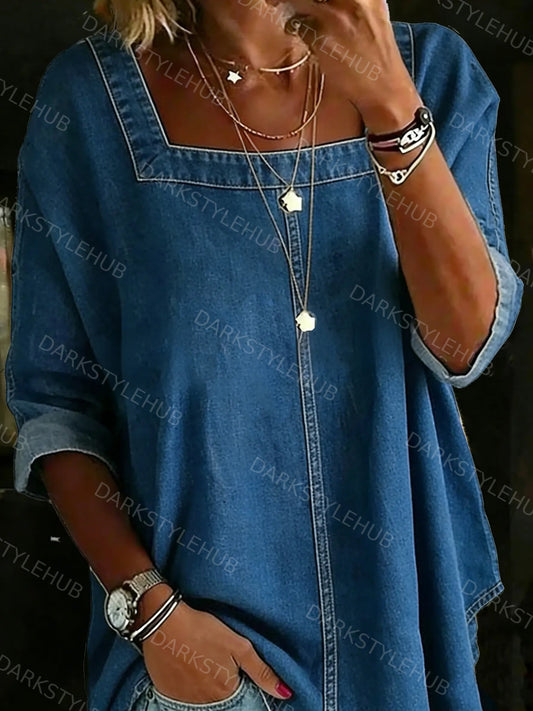 Women's Fashion Casual Long-sleeved Square Neck Denim Top