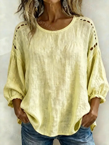 Women's Casual Hollow-out Design Round Neck Cotton Linen Shirt