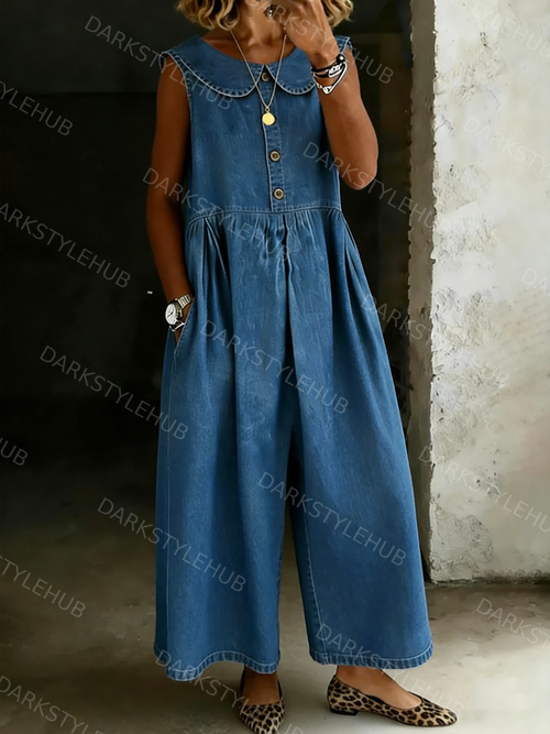 Women's Solid Color Peter Pan Collar Sleeveless Casual Loose Denim Jumpsuit