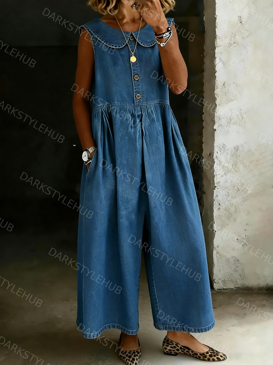 Women's Solid Color Peter Pan Collar Sleeveless Casual Loose Denim Jumpsuit