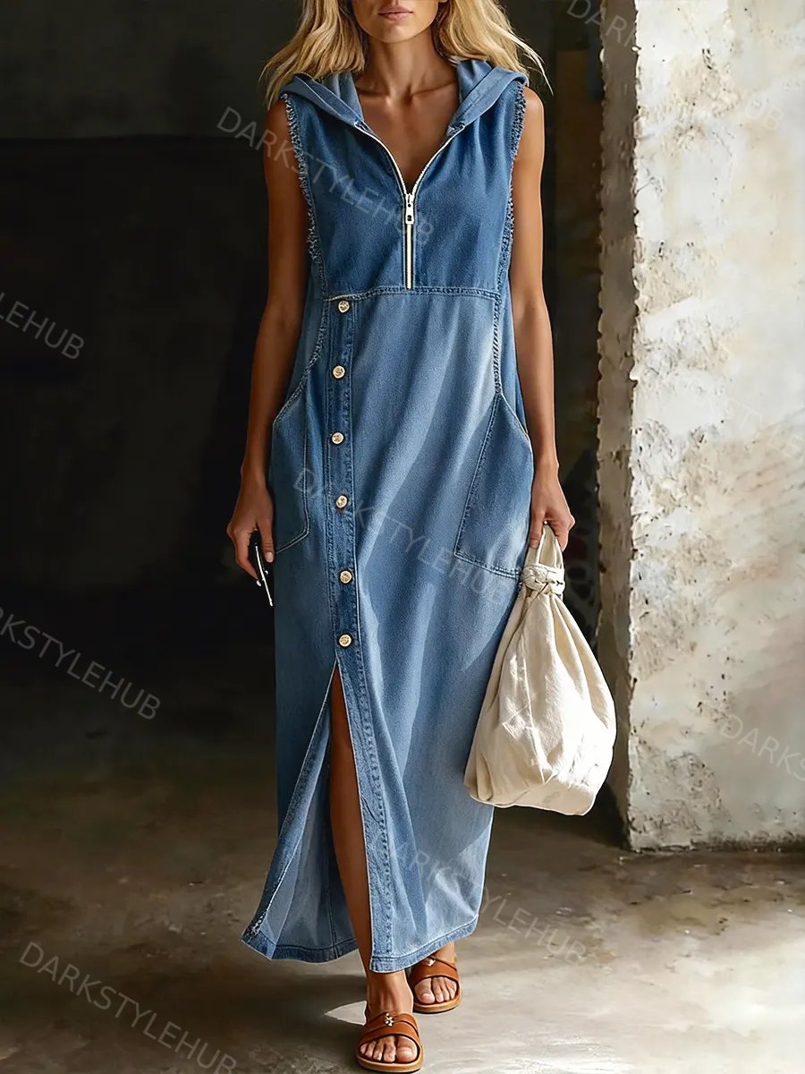 Women's Hooded Sleeveless Denim Maxi Skirt