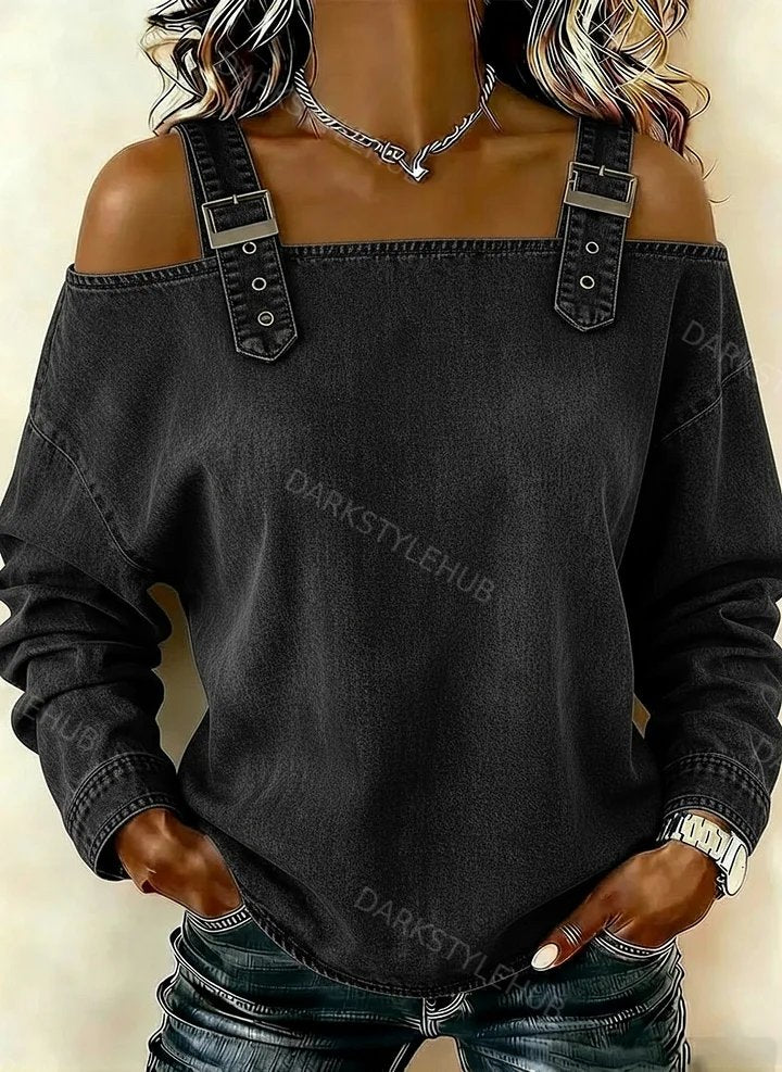 Women‘s Retro Off-the-shoulder Button-down Denim Long-sleeved Top