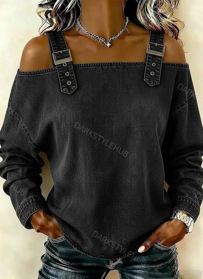 Women‘s Retro Off-the-shoulder Button-down Denim Long-sleeved Top