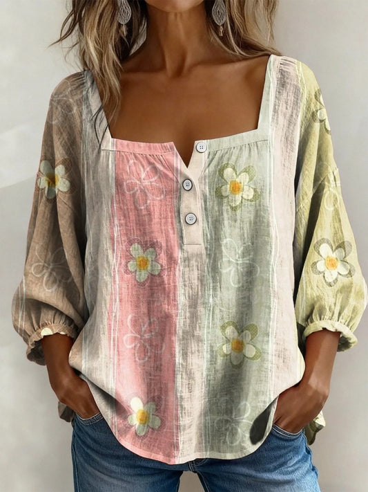 Women's Vintage Floral Print Casual Cotton Linen Shirt