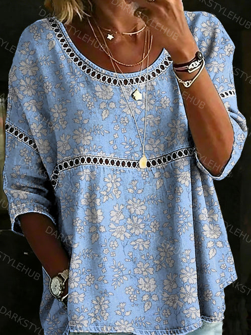 Women's Vintage Flower Casual Loose Denim Blouse Shirt