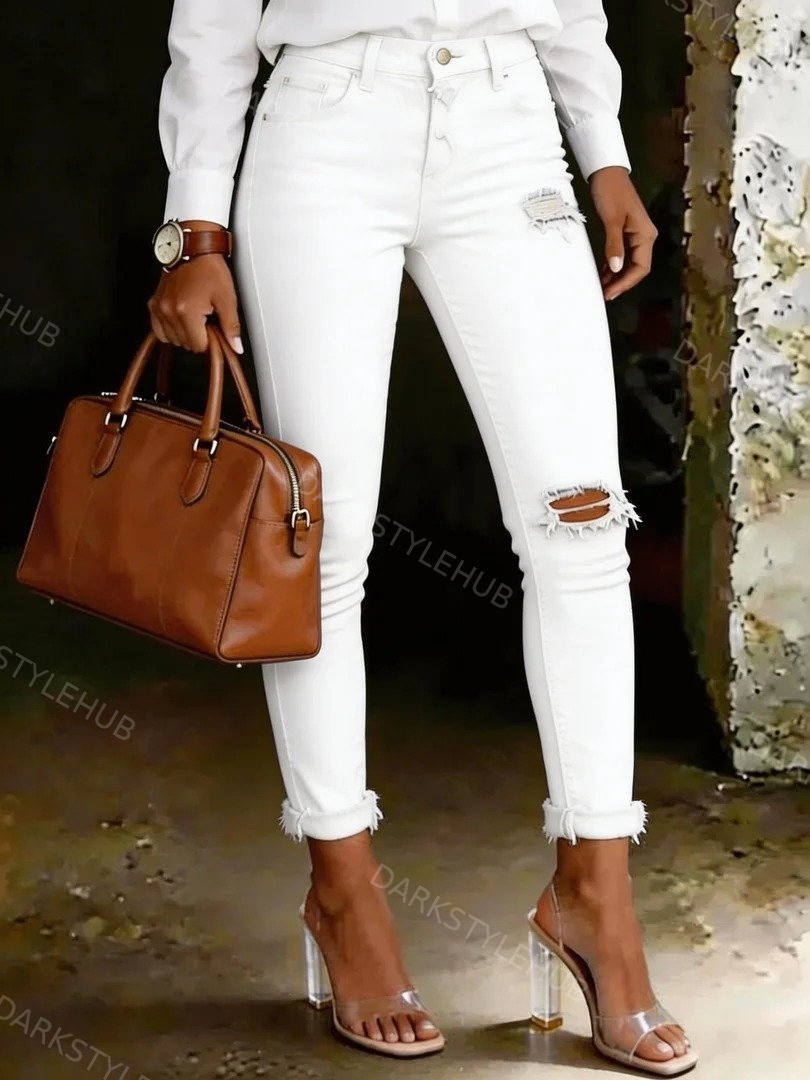 Women's Casual High-Waisted Ripped Skinny Jeans
