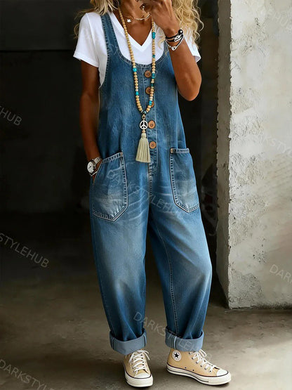 Women's Solid Color Casual Cotton Vest And Denim Jumpsuit
