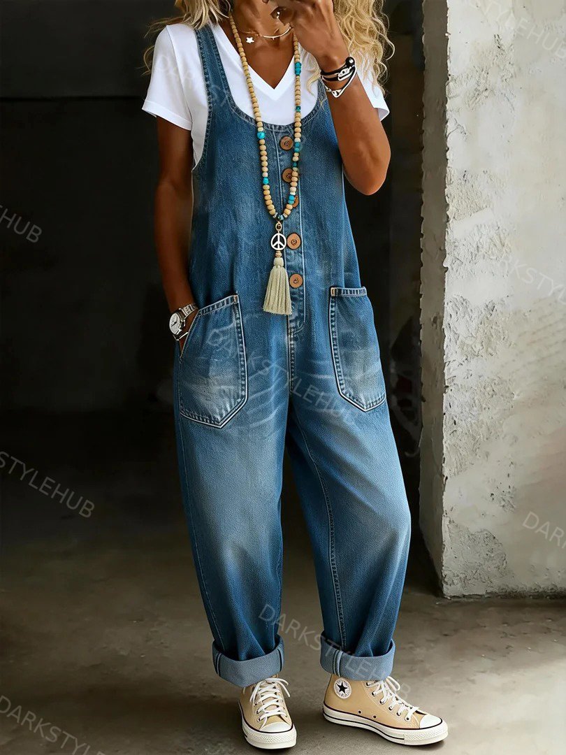 Women's Solid Color Casual Cotton Vest And Denim Jumpsuit Shorts