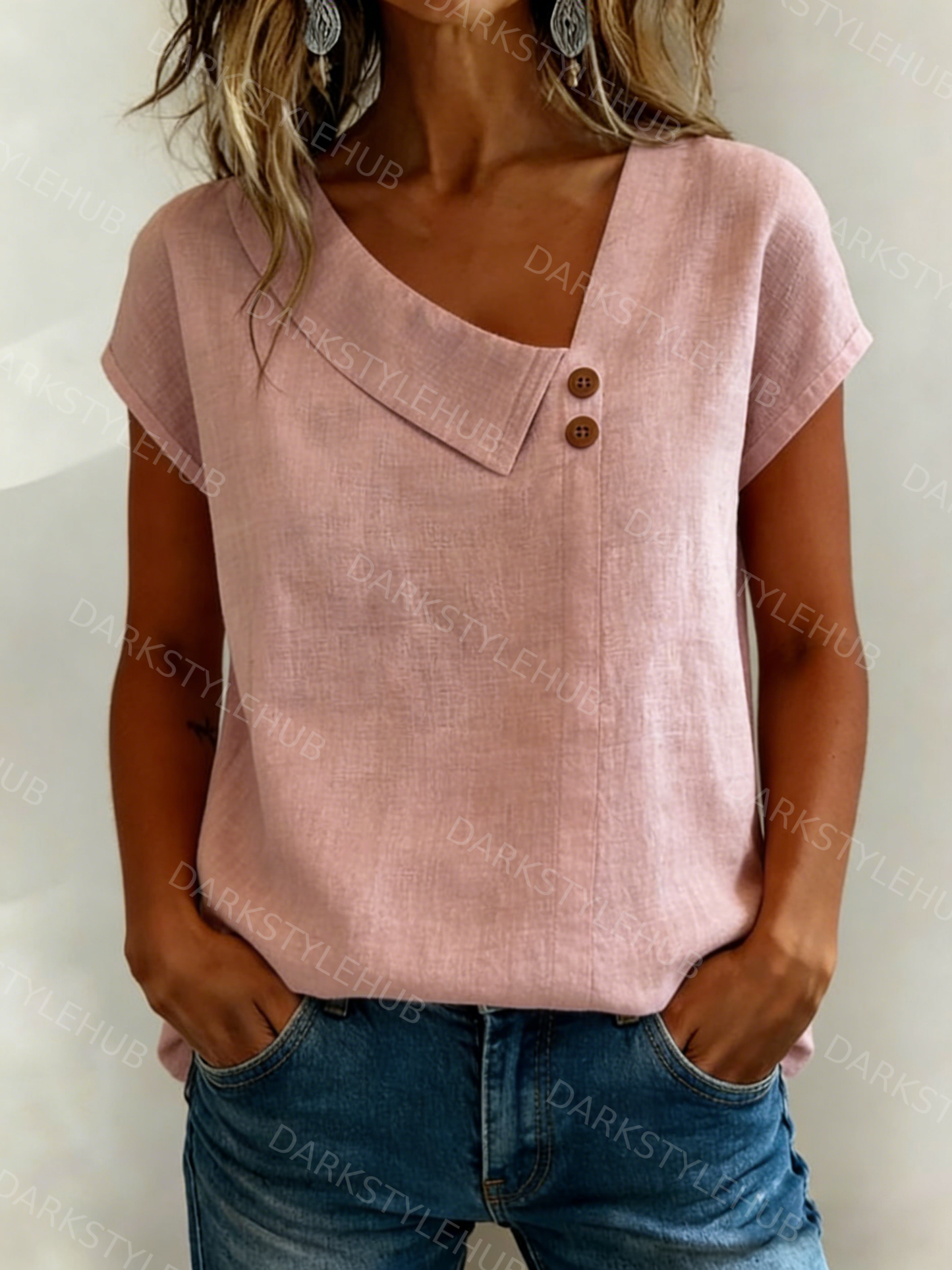 Women's Casual Solid Color V-Neck Short Sleeve Cotton and Linen Button Top