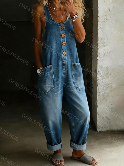 Women's Solid Color Casual Cotton Vest And Denim Jumpsuit