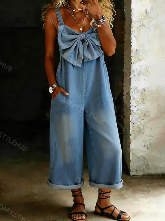 Women's Sleeveless Denim Jumpsuit with Large Bow Front