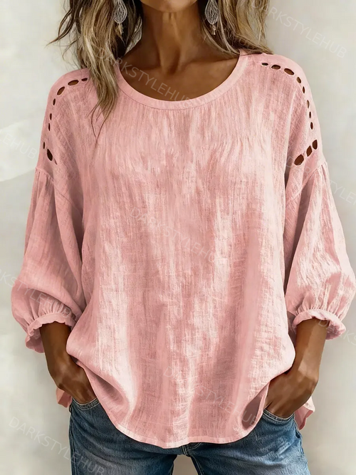 Women's Casual Hollow-out Design Round Neck Cotton Linen Shirt