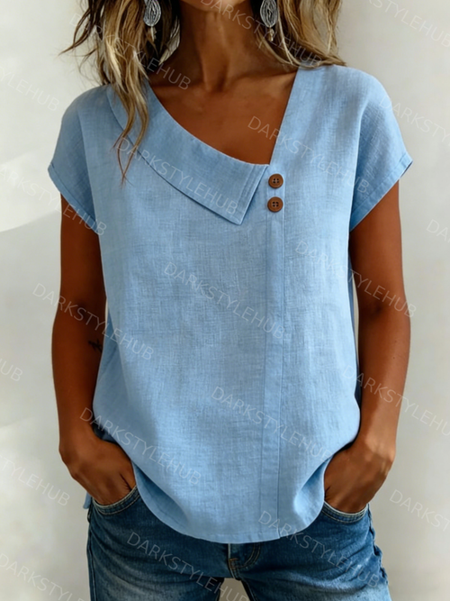 Women's Casual Solid Color V-Neck Short Sleeve Cotton and Linen Button Top