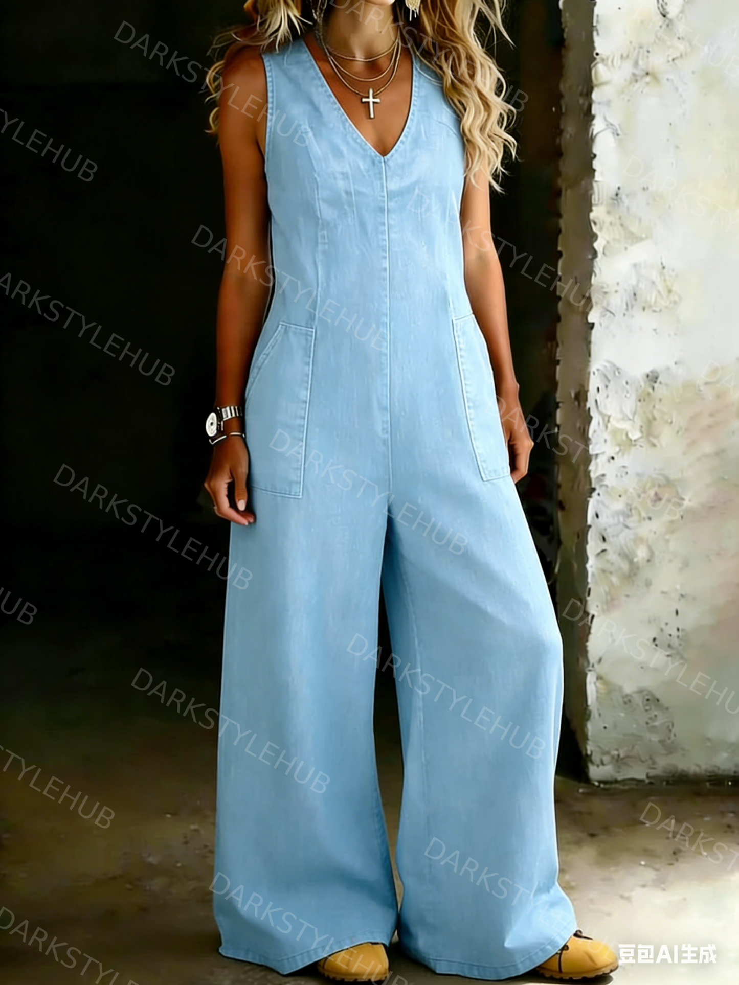 Women's Retro Sleeveless V-neck Wide-leg Denim Jumpsuit