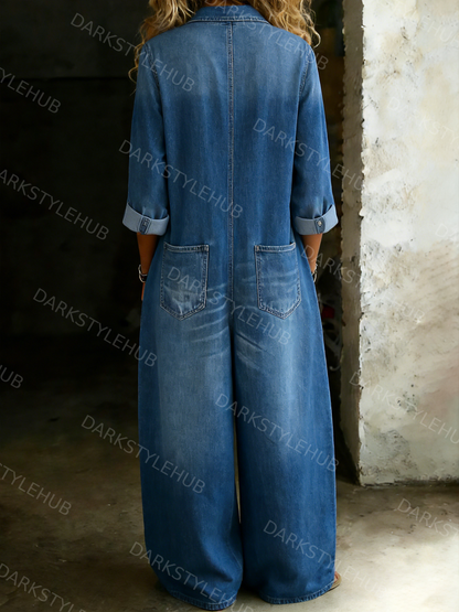 Women's Solid Color Cozy Casual Cotton Denim Jumpsuit