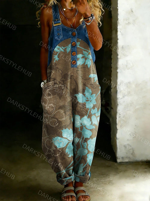 Women’s Vintage Floral Print Casual One Piece Denim Denim Patchwork Jumpsuit
