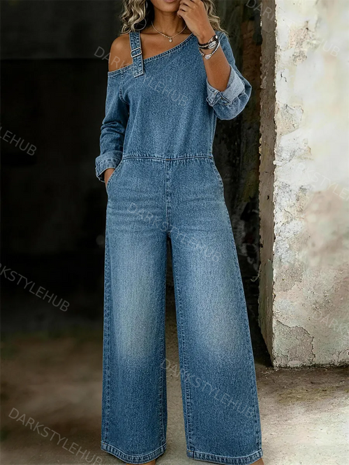 Women's Casual Off-shoulder Denim Jumpsuit