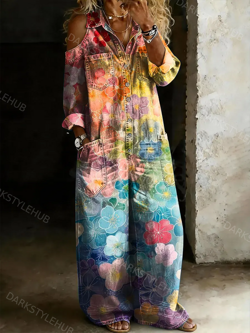 Women's Casual Multicolor Floral Art Prints Off-shoulder Denim Jumpsuit