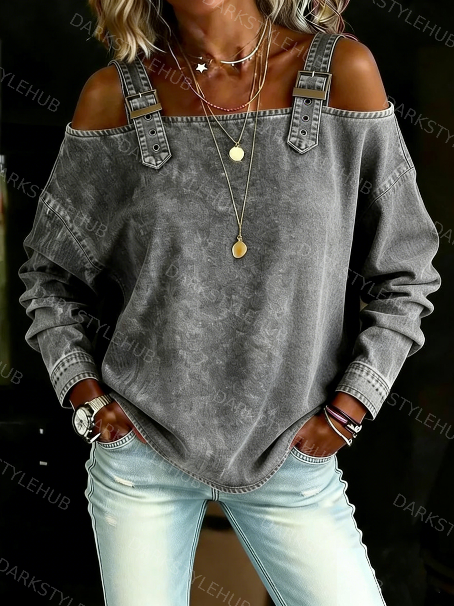 Women‘s Retro Off-the-shoulder Button-down Denim Long-sleeved Top