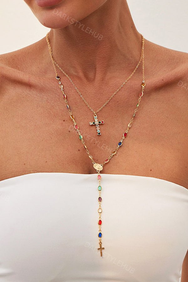 Fashionable Diamond Cross Chain Elegant Multi-layered Necklace
