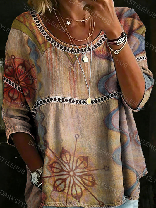 Women's Vintage Abstrct Casual Loose Denim Blouse Shirt