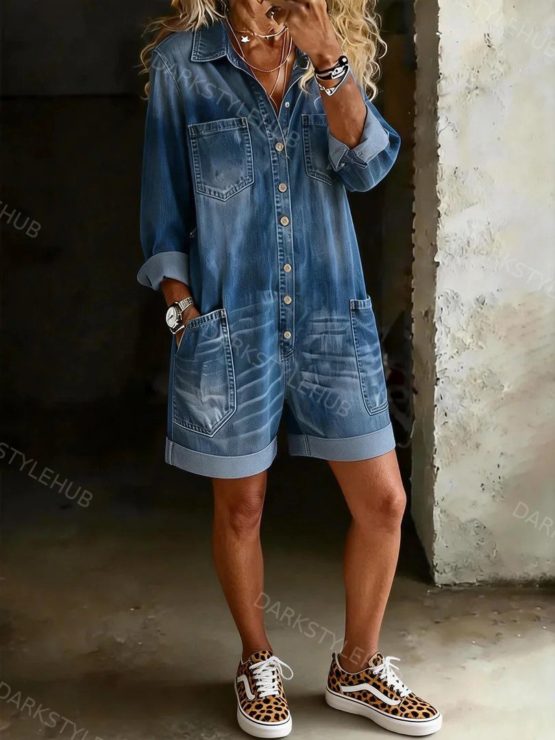 Women's Solid Color Casual Cotton Denim Jumpsuit Shorts