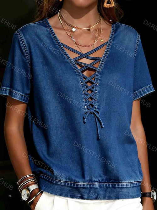 Women's Denim V-neck Crisscross Tie Top