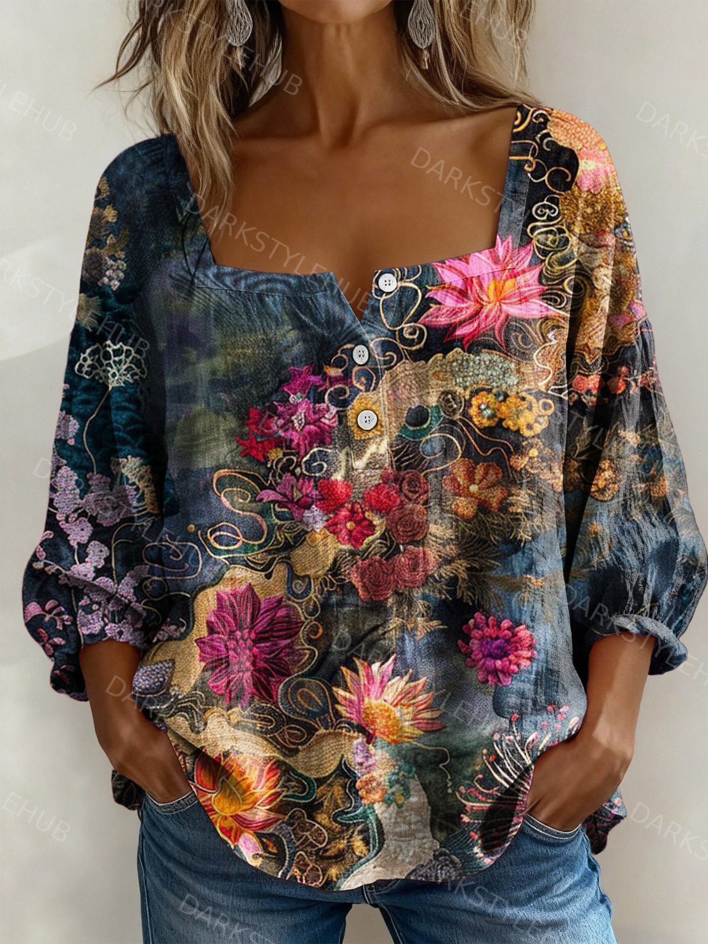 Women's Colorful Floral Print Casual Cotton Linen Shirt
