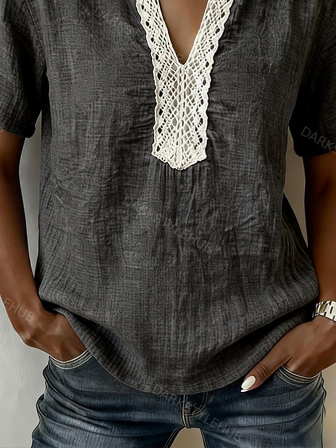 Women's Casual V-neck Lace-trimmed Cotton Linen Top
