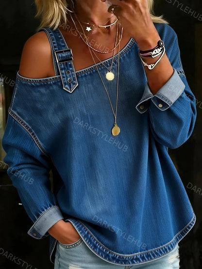 Women's Casual Solid Color Off-Shoulder Denim Cotton Top