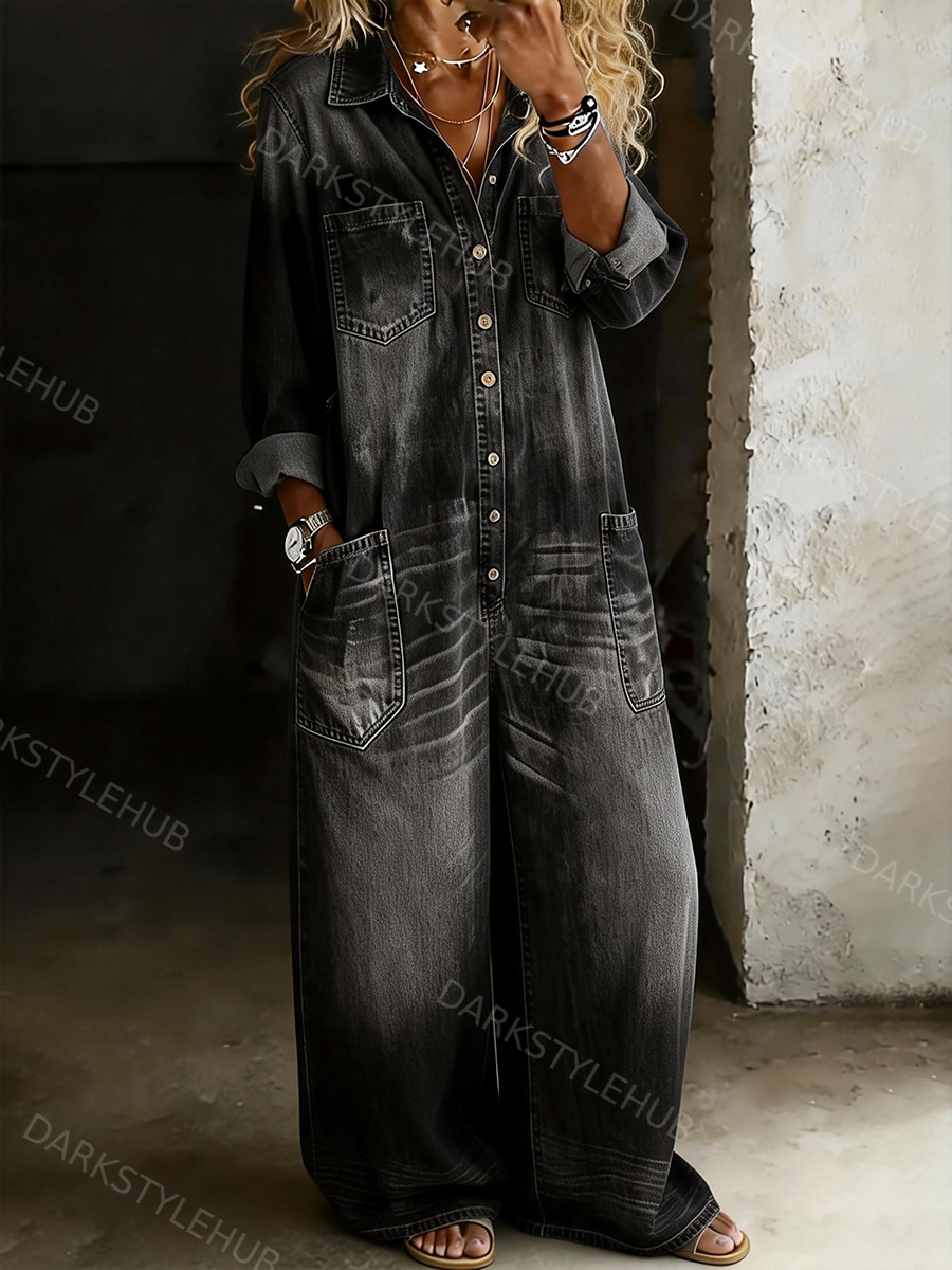 Women's Solid Color Cozy Casual Cotton Denim Jumpsuit