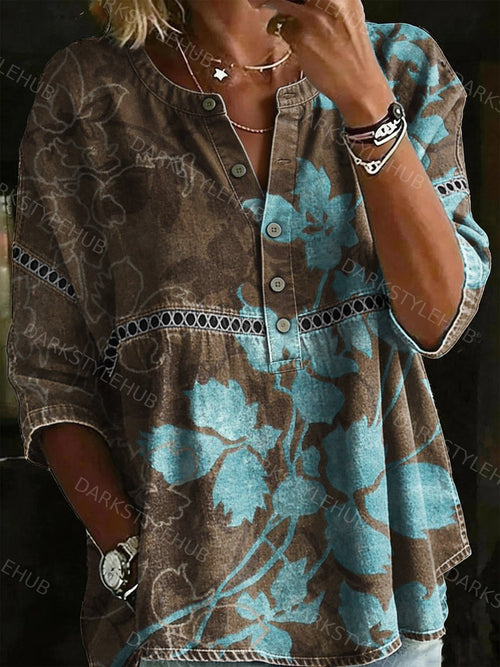Women's Vintage Floral Print Casual Loose Denim Henley Shirt