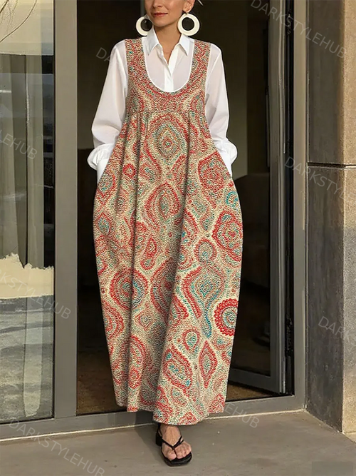 Women's Multicolor Floral Print Denim Suspenders Maxi Skirt